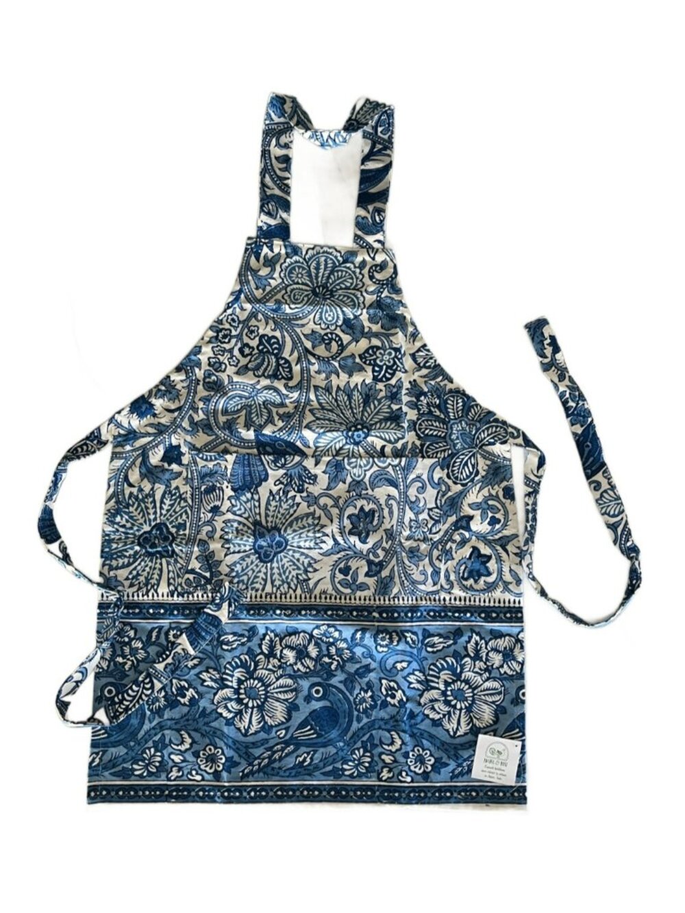 Pacific & Rose Child Apron - Blue & White Floral Bird Block Print Tie Waist